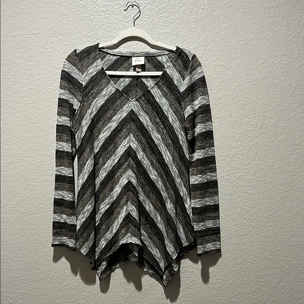 Knox Rose Womens Long Sleeve Thin Sweater, V-Neck, Size M, Black/Gray/White